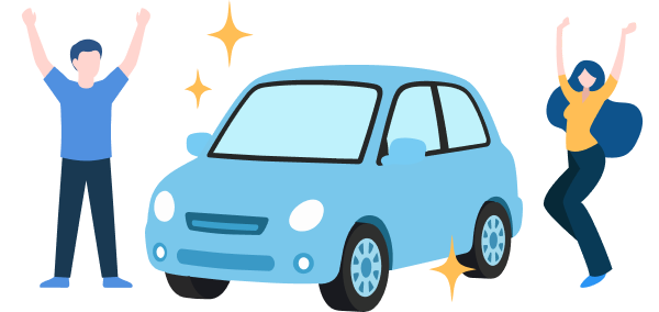 2人の人がクルマが納車されて喜んでいるイラスト